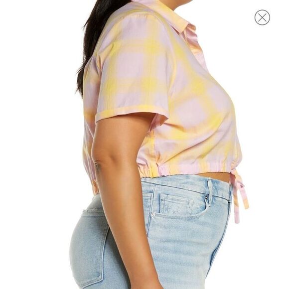 BP Nordstrom cropped button up shirt pink yellow windowpane NWT NEW 1X - Picture 4 of 8